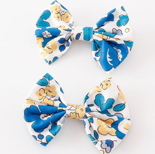 Cambria Blue Floral Print 2pc Hair Bow Clips