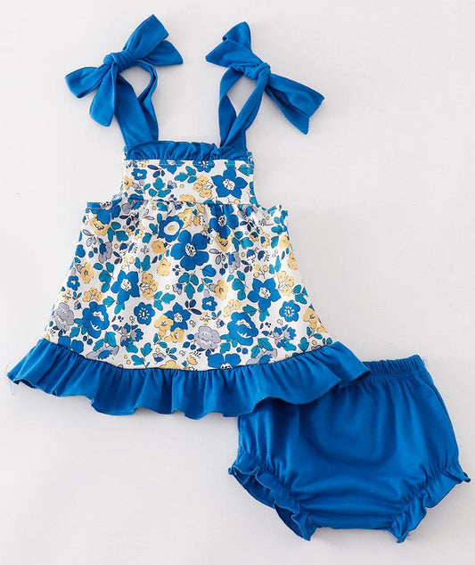 Cambria Blue Floral Print Ruffle Baby Bloomers Set