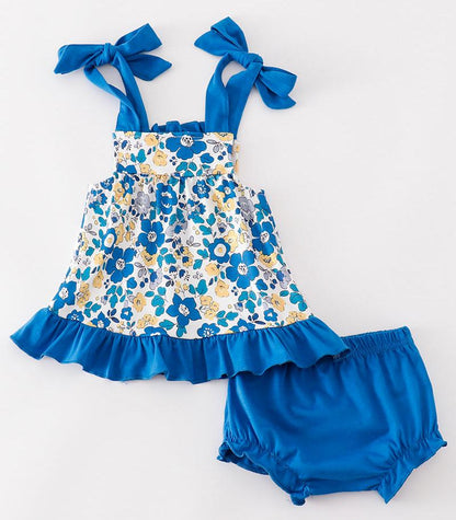 Cambria Blue Floral Print Ruffle Baby Bloomers Set