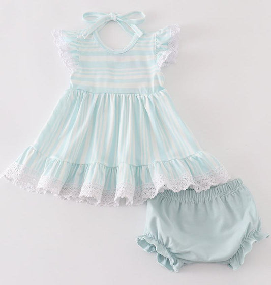 Sally Blue Stripe Ruffle Baby Bloomer Set