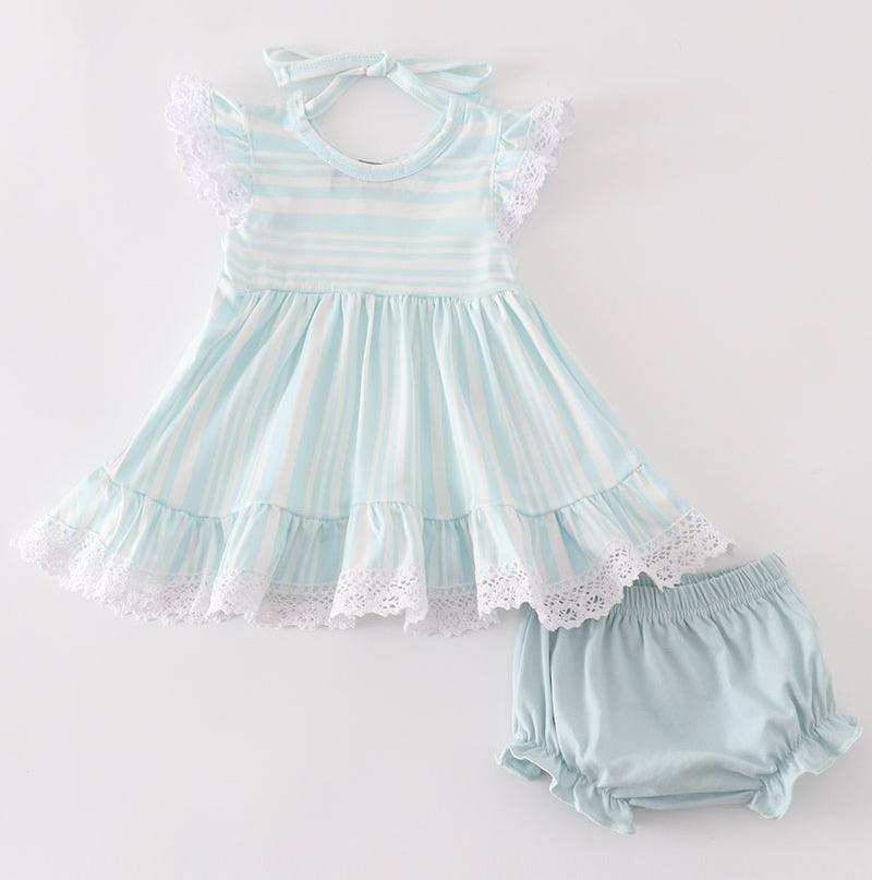 Sally Blue Stripe Ruffle Baby Bloomer Set