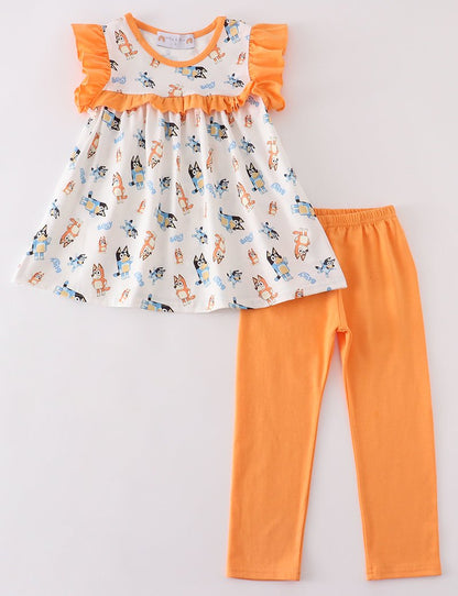 Orange Blue Dog Character Ruffle Girl Set