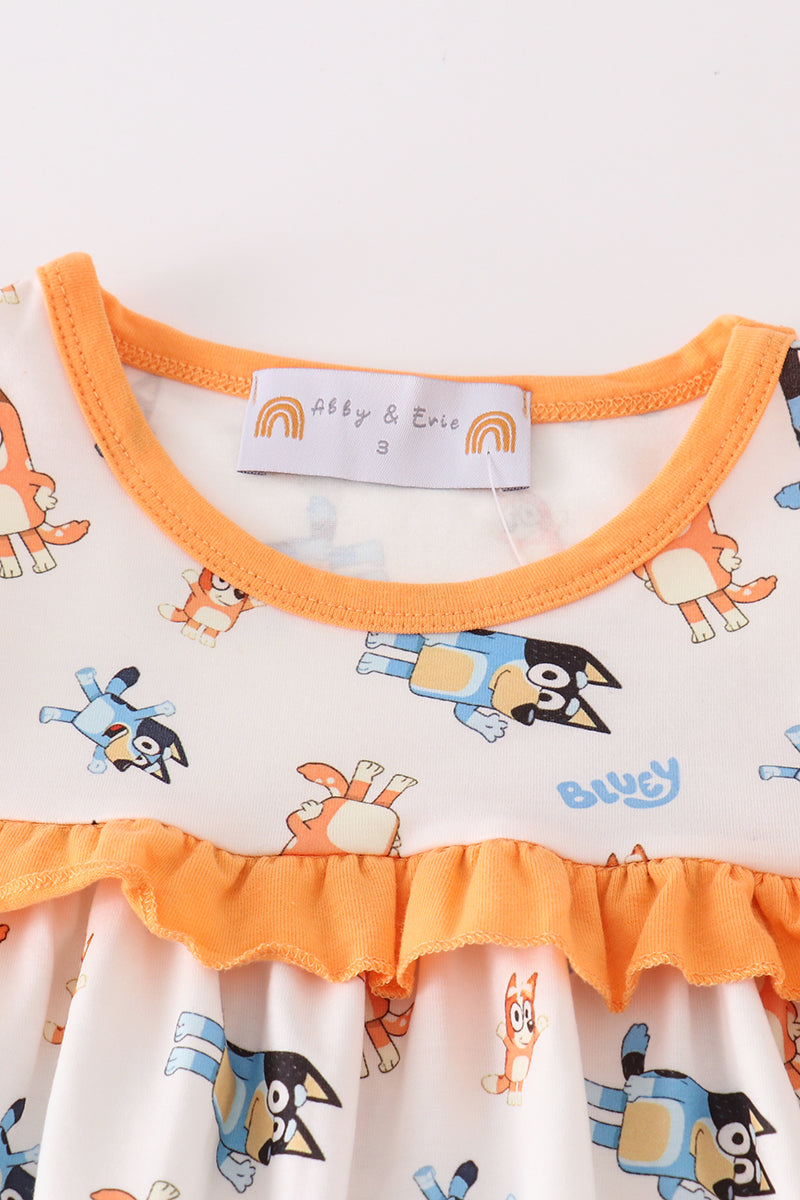 Orange Blue Dog Character Ruffle Girl Set