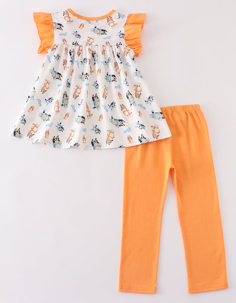 Orange Blue Dog Character Ruffle Girl Set