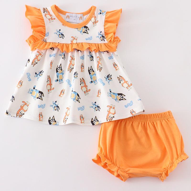 Orange Blue Dog Character Ruffle Baby Girl Set