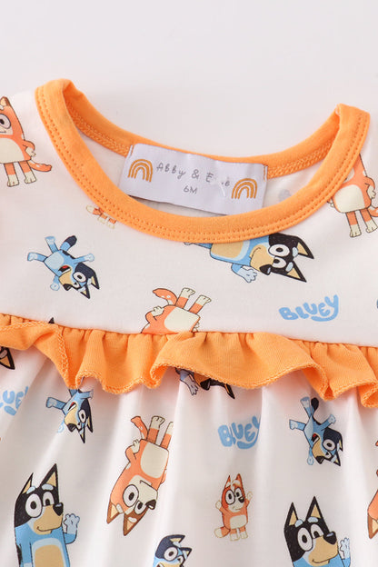 Orange Blue Dog Character Ruffle Baby Girl Set