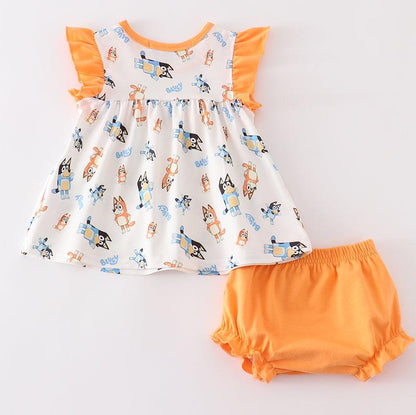 Orange Blue Dog Character Ruffle Baby Girl Set