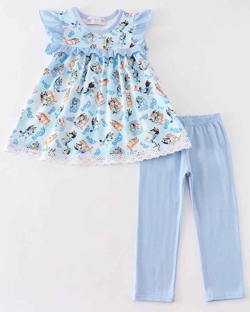 Blue Dog Duo Character Girl Ruffle Pants Set