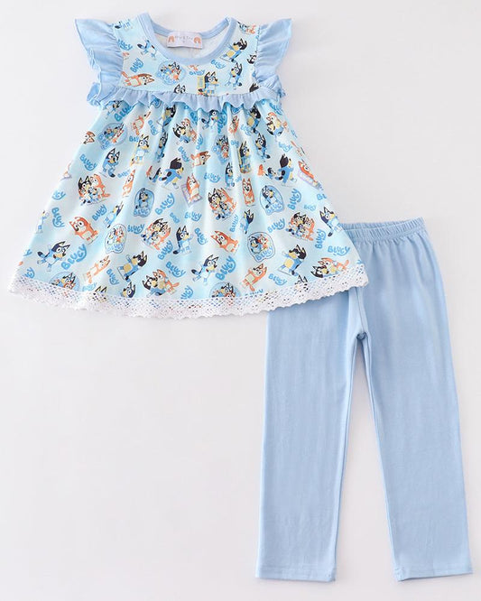 Blue Dog Duo Character Girl Ruffle Pants Set