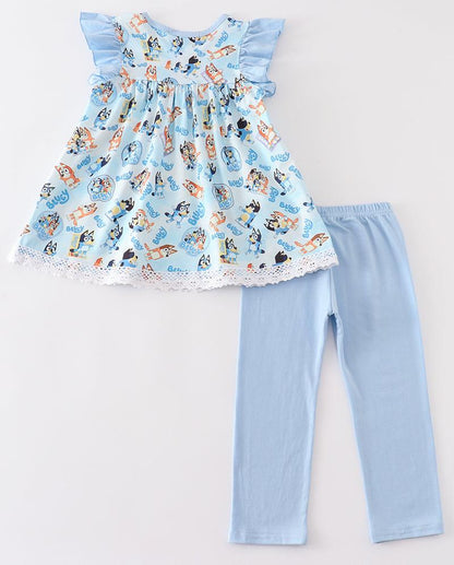 Blue Dog Duo Character Girl Ruffle Pants Set