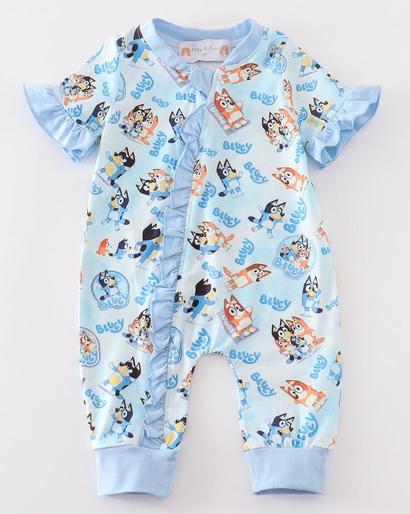 Blue Dog Duo Character Zip Ruffle Romper