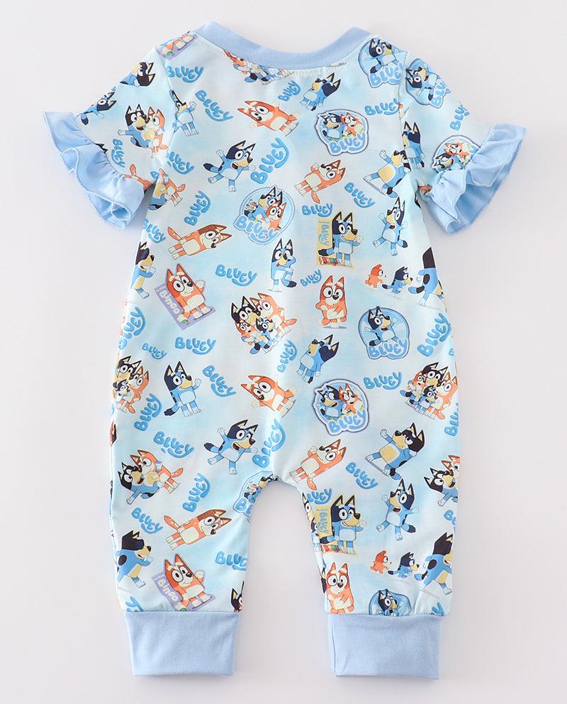 Blue Dog Duo Character Zip Ruffle Romper