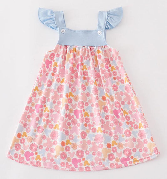 Pink Mouse Character Print Ruffle Dress