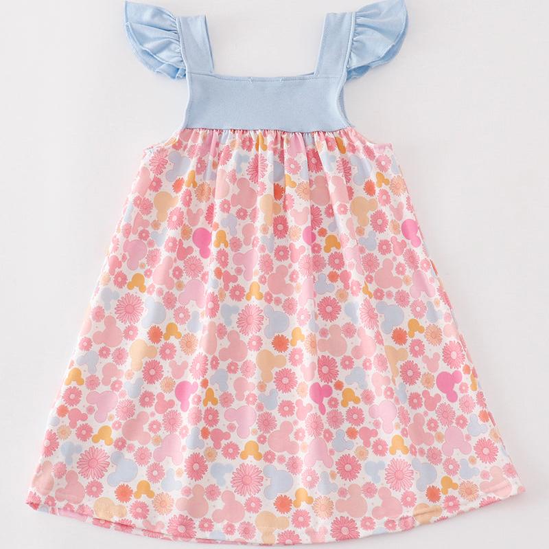 Pink Mouse Character Print Ruffle Dress