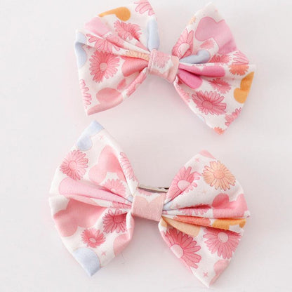 Pink Character Mouse Floral Print 2pc Hair Bow Clips