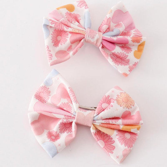 Pink Character Mouse Floral Print 2pc Hair Bow Clips