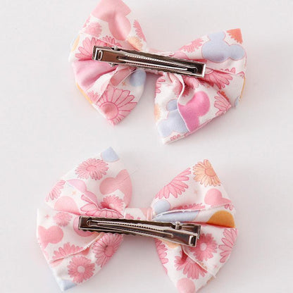 Pink Character Mouse Floral Print 2pc Hair Bow Clips