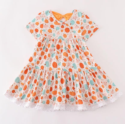 Orange Pumpkin Print Girl Dress