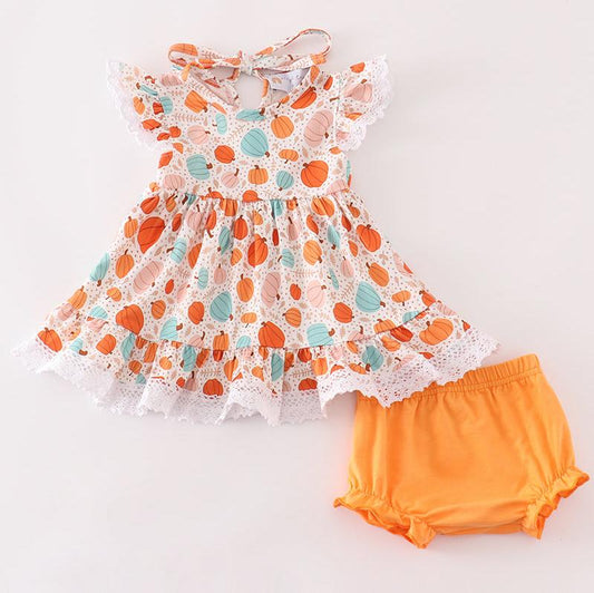 Orange Pumpkin Print Ruffle Bloomers Set