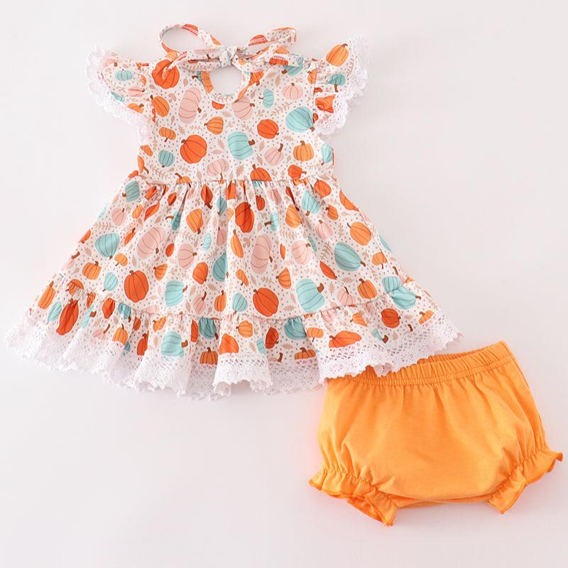 Orange Pumpkin Print Ruffle Bloomers Set