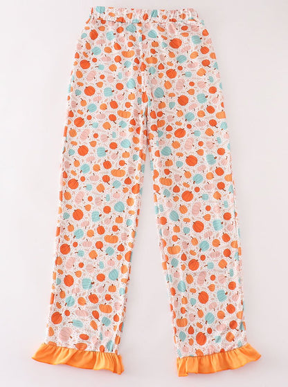 Orange Pumpkin Print Adult Ruffle Pajama Pants