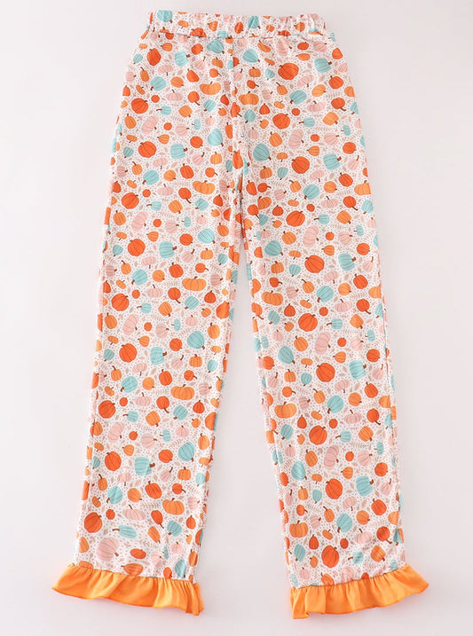 Orange Pumpkin Print Adult Ruffle Pajama Pants