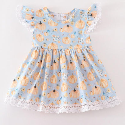 Pumpkin Print Blue Ruffle Girl Bubble