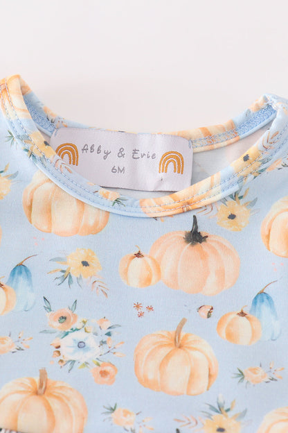 Pumpkin Print Blue Ruffle Girl Bubble