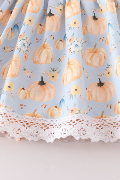 Pumpkin Print Blue Ruffle Girl Bubble