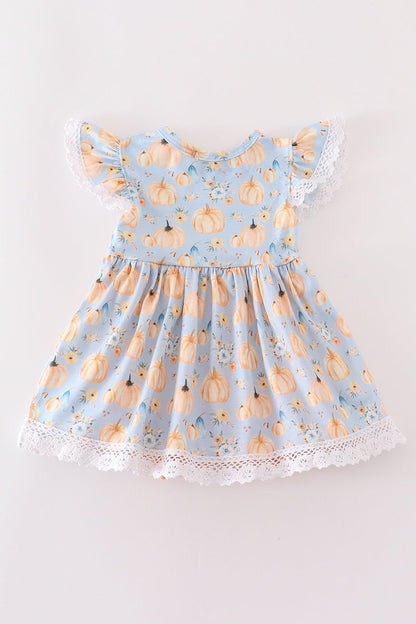 Pumpkin Print Blue Ruffle Girl Bubble