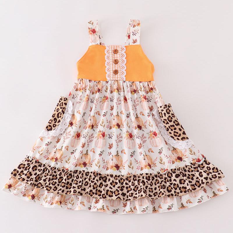 Orange Pumpkin Leopard Ruffle Dress