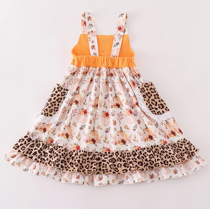 Orange Pumpkin Leopard Ruffle Dress