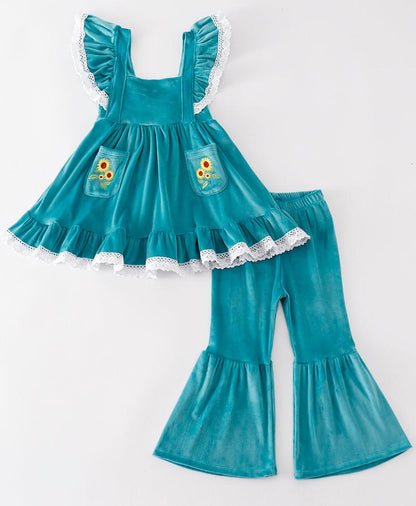 Sunflowers Embroidered Blue Velvet Girl Set