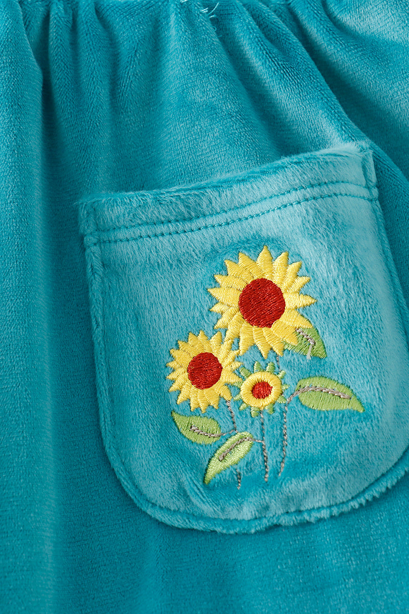 Sunflowers Embroidered Blue Velvet Girl Set