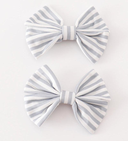 Gray Striped 2pc Hair Bow Clips