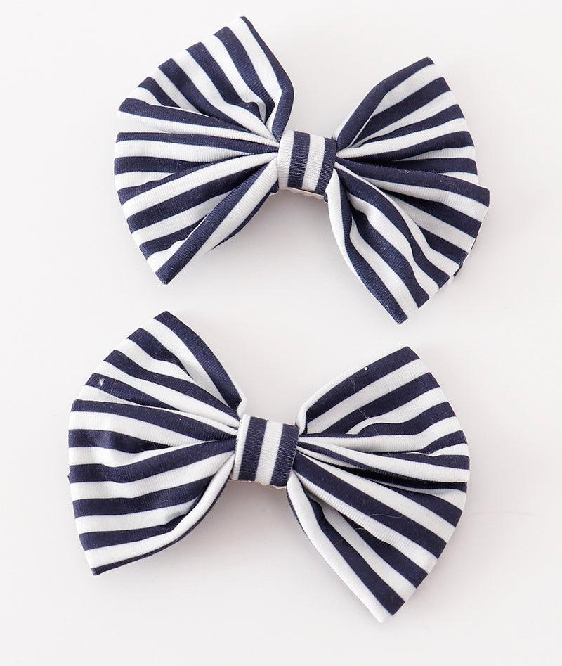 Navy Stripe 2pc Hair Clip Bows