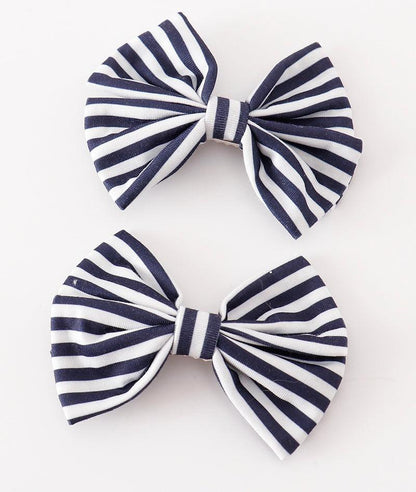 Navy Stripe 2pc Hair Clip Bows