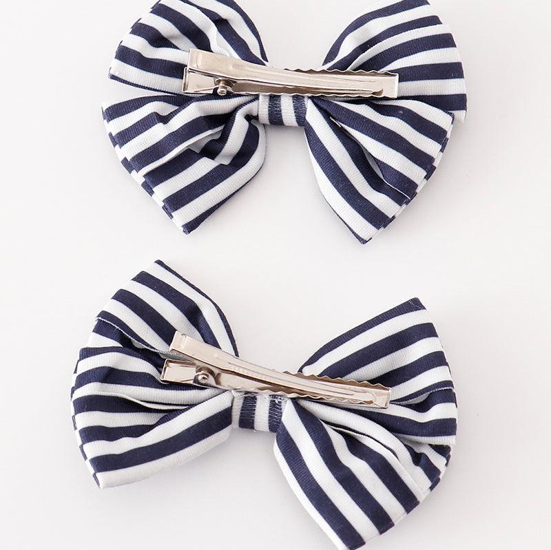 Navy Stripe 2pc Hair Clip Bows