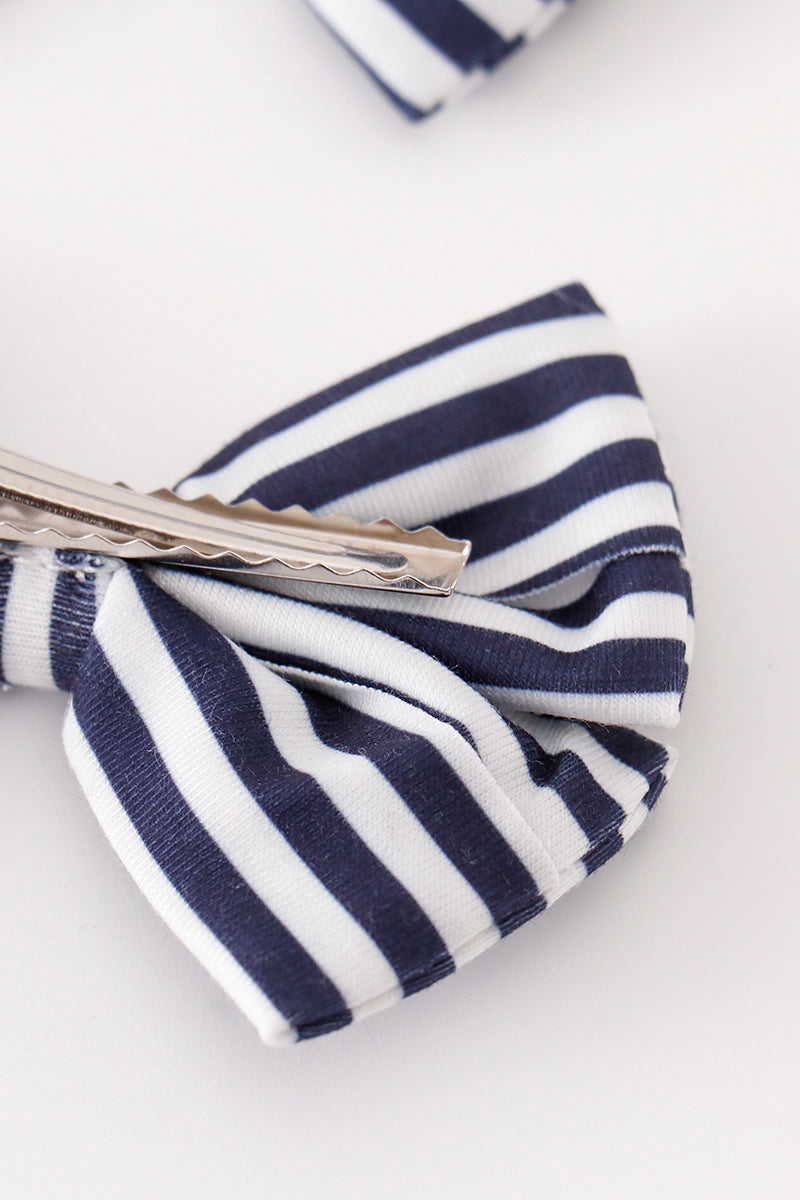 Navy Stripe 2pc Hair Clip Bows