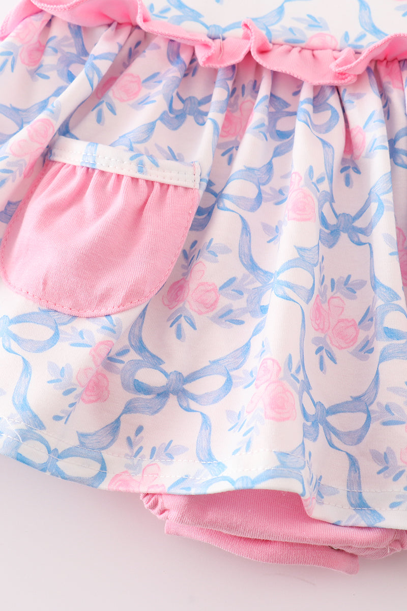 Pink Bow Print Ruffle Bubble