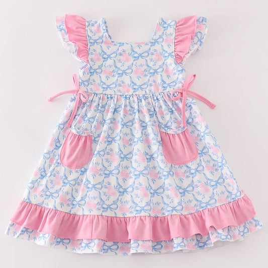 Pink Bow Print Ruffle Dress