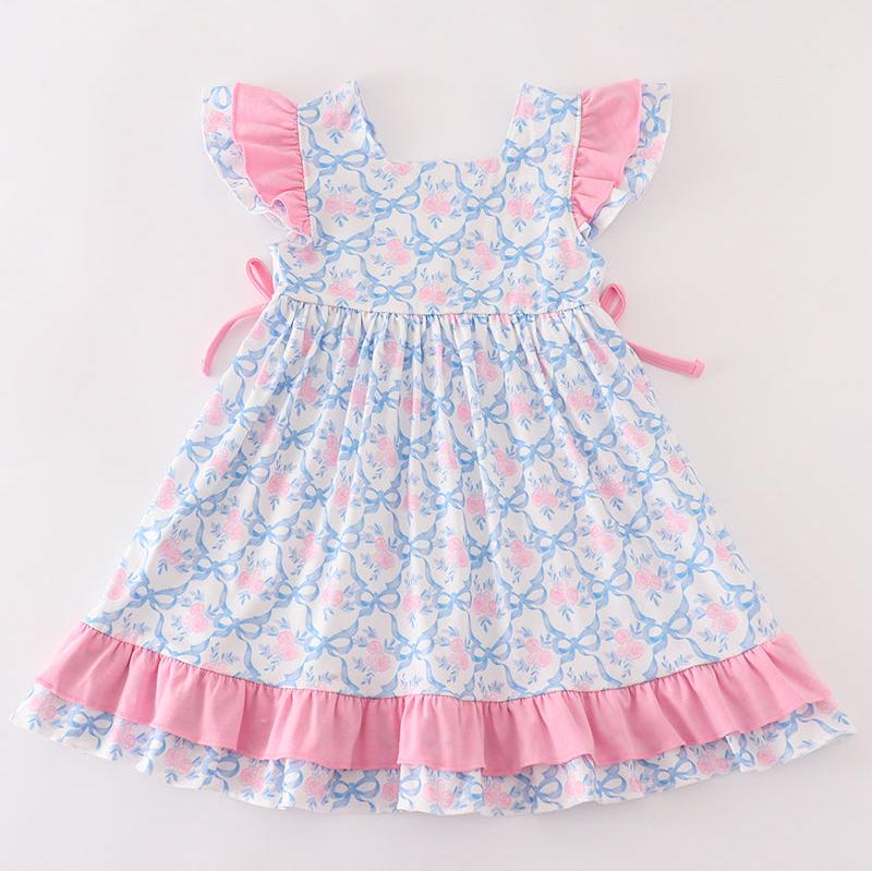 Pink Bow Print Ruffle Dress