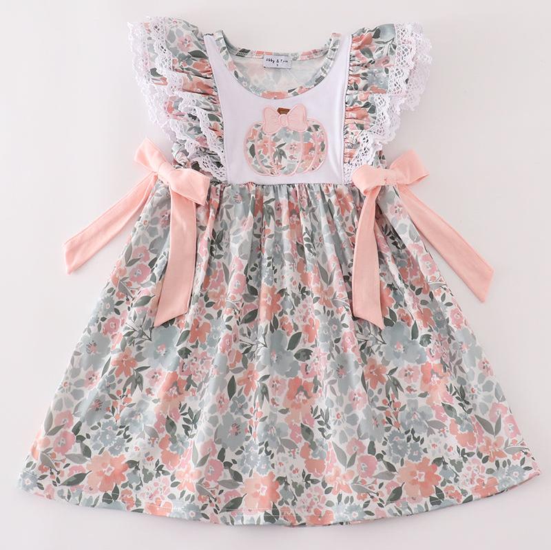 Haley Floral Pumpkin Bow Applique Dress