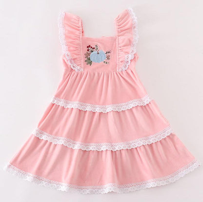 Pink Velvet Pumpkin Embroidered Tiered Dress