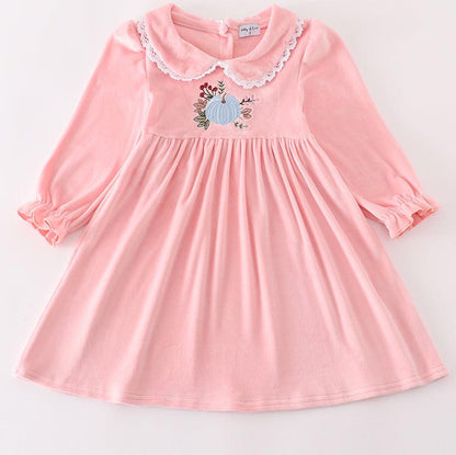 Pink Velvet Pumpkin Embroidered Dress