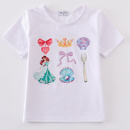 Mermaid Princess Print Girl White Top