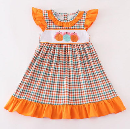 Pumpkin French Knot Gingham Dress