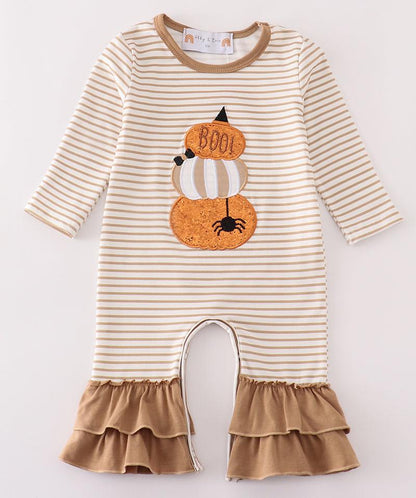 Khaki Stripe Pumpkin Glitter Applique Girl Romper