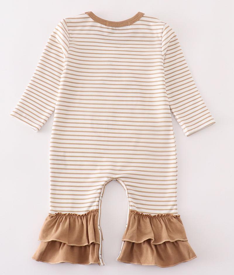 Khaki Stripe Pumpkin Glitter Applique Girl Romper