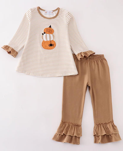 Khaki Stripe Pumpkin Glitter Applique Girl Pants Set